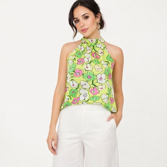 THML Scarf Print Halter Neck Tie Back Sleeveless Chartreuse Floral Y2K Blouse - Picture 3 of 13